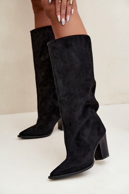 Bottes femme hautes à enfiler avec talons en daim synthétique couleur noire Carmina