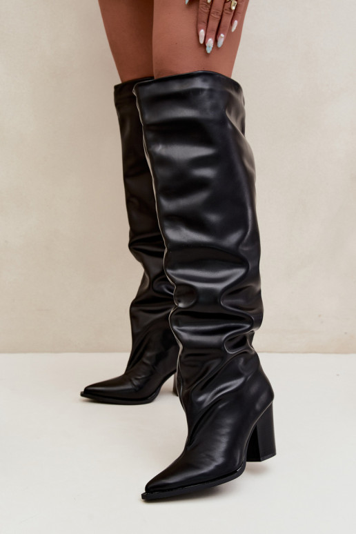 Bottes longues femmes à talon de style slip-on en cuir synthétique noir Anica