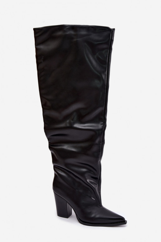 Dames lange laarzen met hak in instapmodel van zwart faux leather Anica