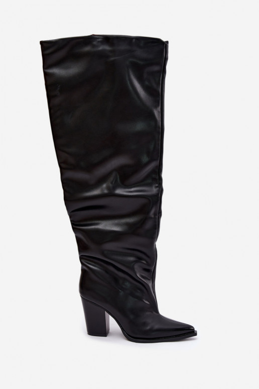 Dames lange laarzen met hak in instapmodel van zwart faux leather Anica