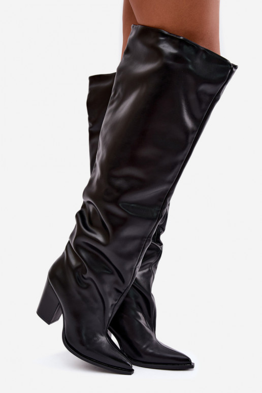 Damen lange Stiefel mit Absatz im Slipper-Stil aus schwarzem Kunstleder Anica
