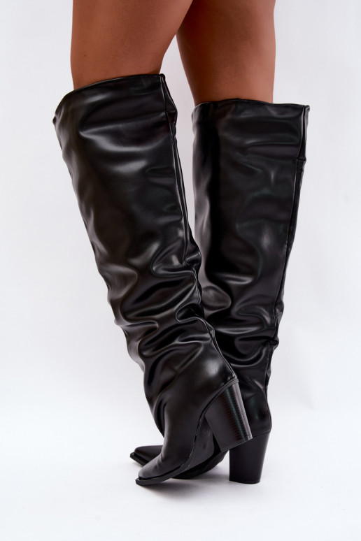 Dames lange laarzen met hak in instapmodel van zwart faux leather Anica