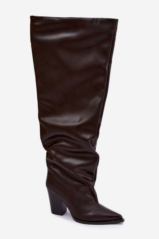 Dames lange laarzen met hak in instapmodel van chocolade faux leather Anica