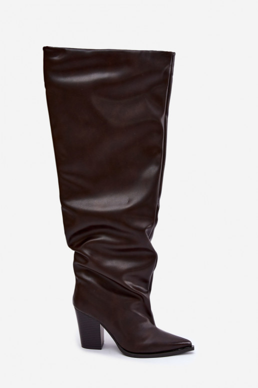 Bottes longues femmes à talon de style slip-on en cuir synthétique chocolat Anica