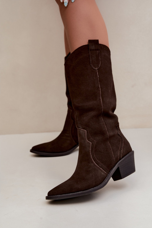 Lange cowboylaarzen van natuurlijk suede met isolatie en hakken in chocolade kleur Radley