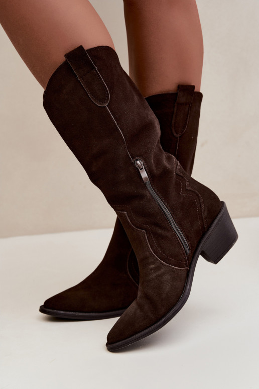 Lange cowboylaarzen van natuurlijk suede met isolatie en hakken in chocolade kleur Radley
