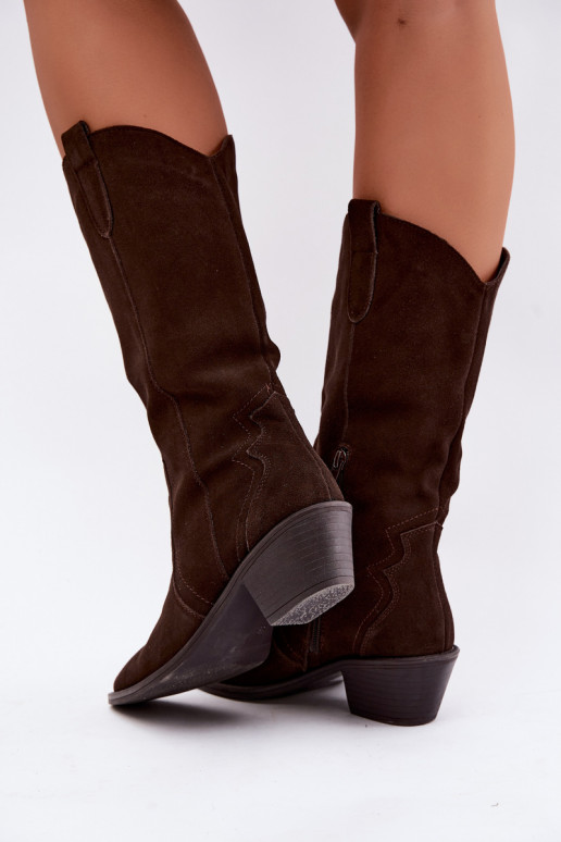 Lange cowboylaarzen van natuurlijk suede met isolatie en hakken in chocolade kleur Radley