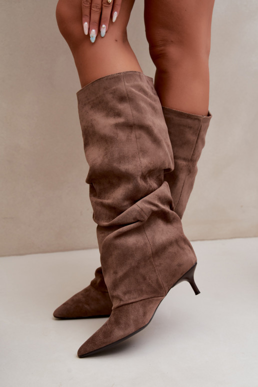 Bottes hautes froissées kaki avec talon kitten en daim LoĮen
