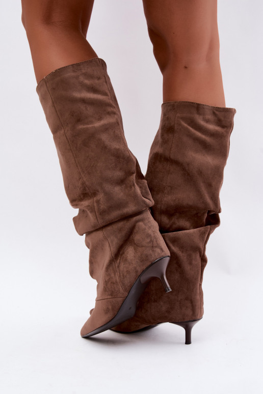Bottes hautes froissées kaki avec talon kitten en daim LoĮen