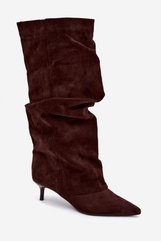 Bottes hautes froissées chocolat avec talon kitten en daim LoĮen