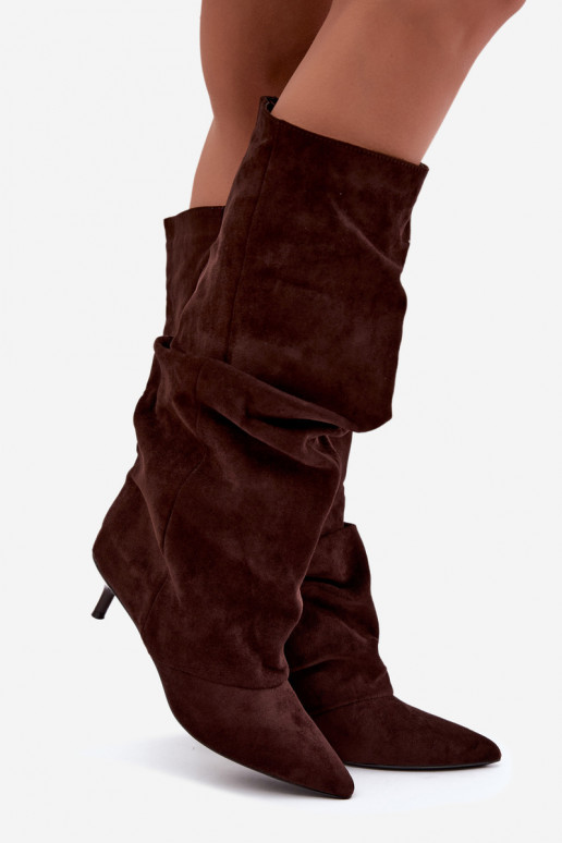 Bottes hautes froissées chocolat avec talon kitten en daim LoĮen