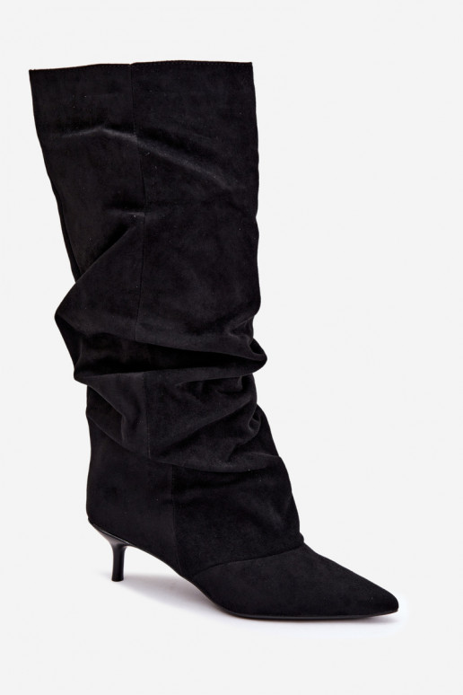 Bottes hautes froissées noires avec talon kitten en daim LoĮen