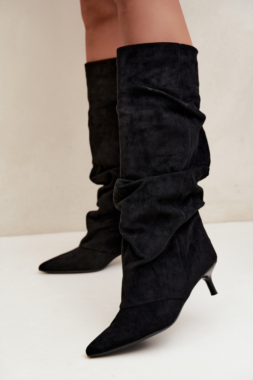 Bottes hautes froissées noires avec talon kitten en daim LoĮen