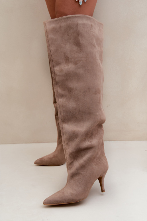 Bottes hautes à enfiler pour femmes avec talons fins couleur kaki Corly