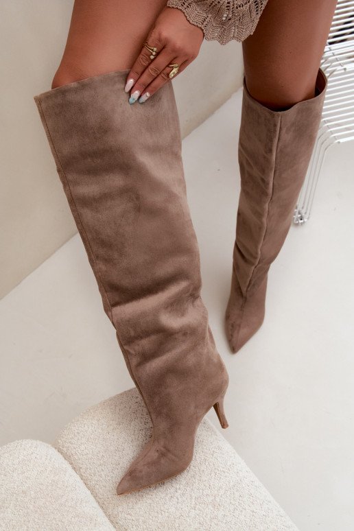 Bottes hautes à enfiler pour femmes avec talons fins couleur kaki Corly
