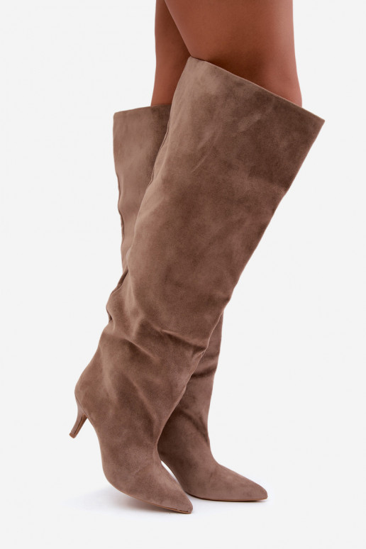 Bottes hautes à enfiler pour femmes avec talons fins couleur kaki Corly