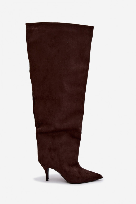 Slip-On Damenkniehohe Stiefel mit dünnen Absätzen in schokoladenfarbener Corly