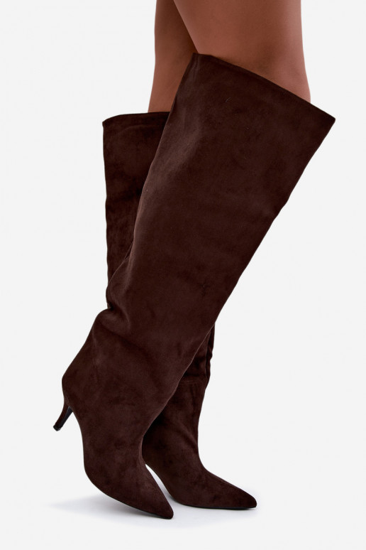 Bottes hautes à enfiler pour femmes avec talons fins couleur chocolat Corly