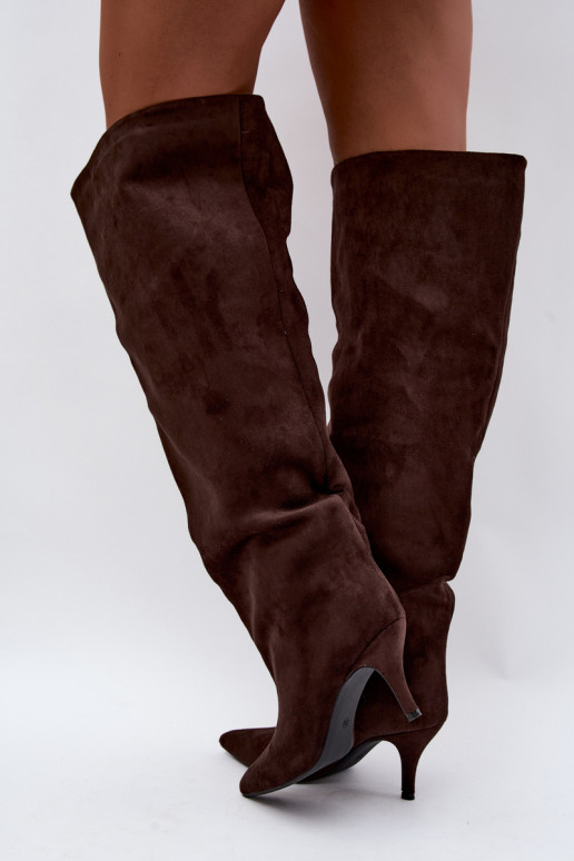 Bottes hautes à enfiler pour femmes avec talons fins couleur chocolat Corly