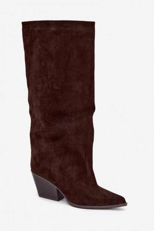 Bottes hautes à enfiler couleur chocolat avec talons et bouts pointus Blenia