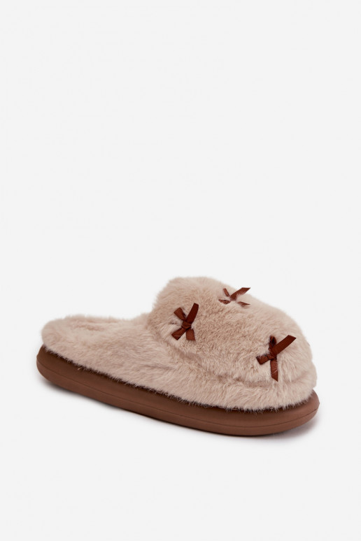 sandkleurige dames slippers met bont en strikjes Saviera