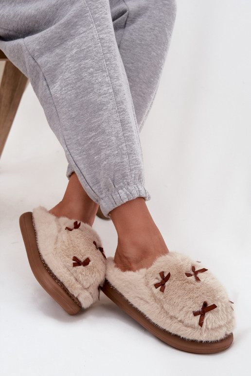 sandkleurige dames slippers met bont en strikjes Saviera