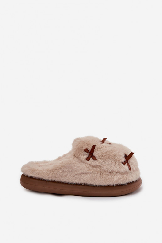 sandkleurige dames slippers met bont en strikjes Saviera