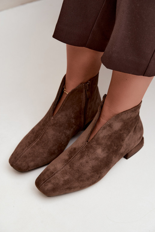 Khaki lage enkellaarsjes Cut Out met brede hakken Canella