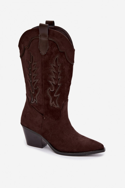 Bottes chocolat en suède synthétique style cowboy avec talons Jarissa