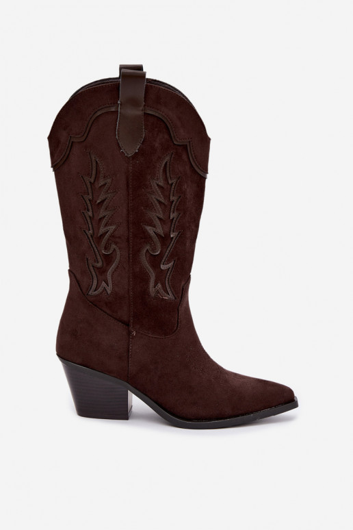 Bottes chocolat en suède synthétique style cowboy avec talons Jarissa