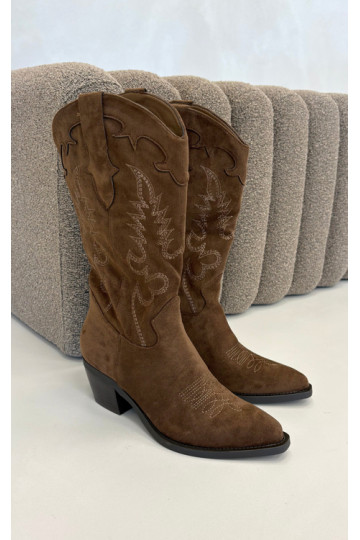 Kniehoge cowboylaarzen met hakken in bruine faux suede Jarissa