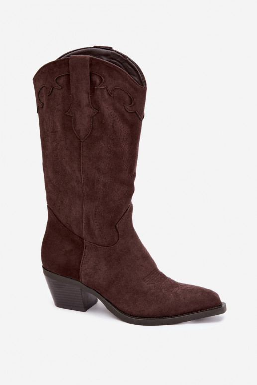 Kniehoge cowboylaarzen met hakken in bruine faux suede Jarissa