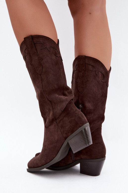 Kniehoge cowboylaarzen met hakken in bruine faux suede Jarissa