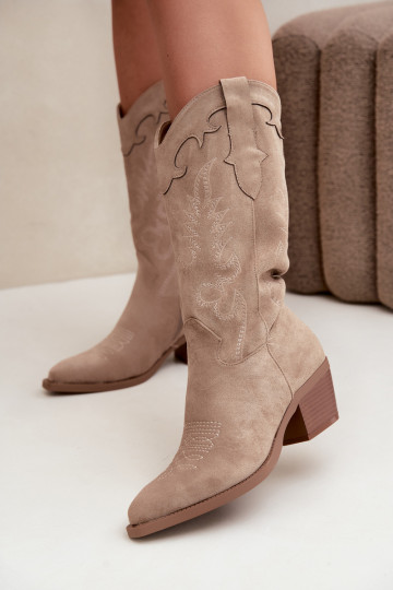 Zandkleurige faux suede cowboylaarzen met hakken Jarissa 2