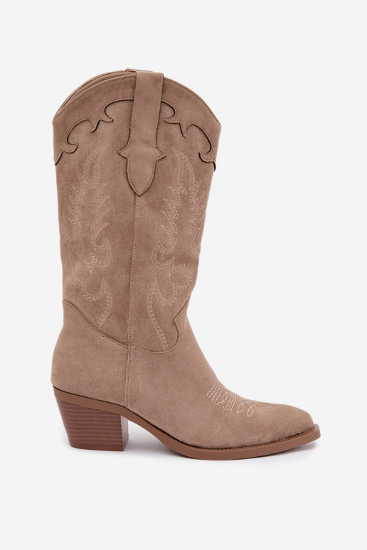 Bottes beiges en suède synthétique style cowboy avec talons Jarissa
