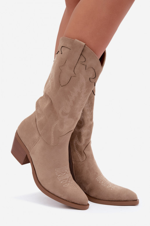 Bottes beiges en suède synthétique style cowboy avec talons Jarissa