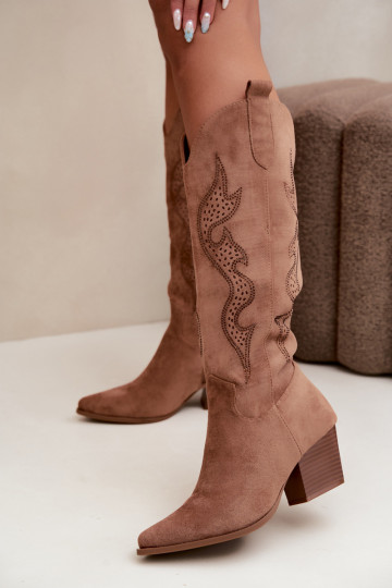 lange cowboy-stijl laarzen met decoratie op de schacht in bruine kleur Greyla