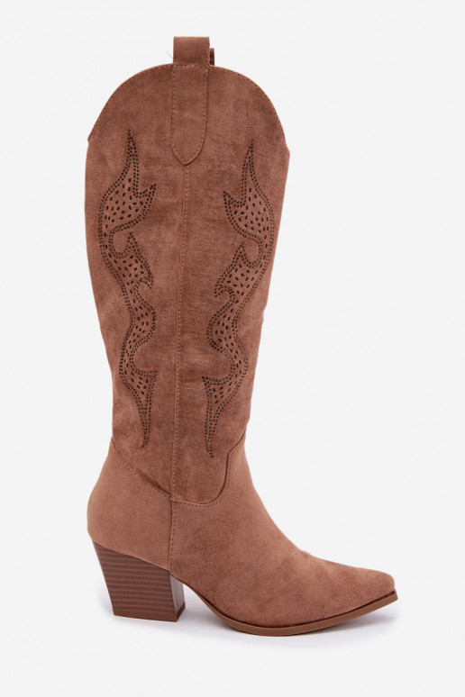lange cowboy-stijl laarzen met decoratie op de schacht in bruine kleur Greyla