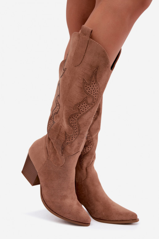 lange cowboy-stijl laarzen met decoratie op de schacht in bruine kleur Greyla