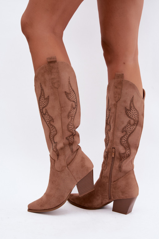 lange cowboy-stijl laarzen met decoratie op de schacht in bruine kleur Greyla