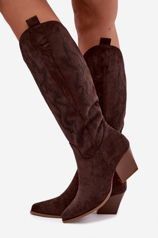 lange Cowboy-Stiefel mit Dekoration am Schaft in Schokoladenfarbe Greyla