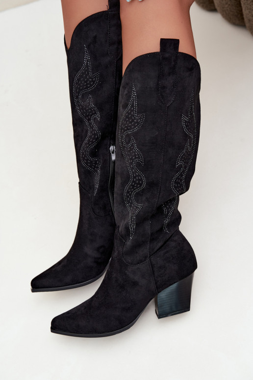 lange Cowboy-Stiefel mit Dekoration am Schaft in schwarzer Farbe Greyla