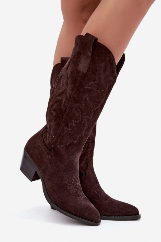 lange cowboy-stijl laarzen met hak in chocoladekleur INesly