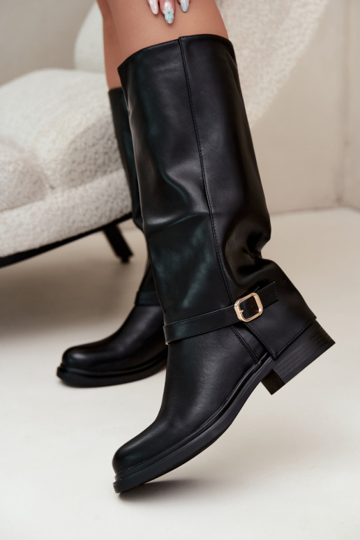 damen gefütterte kniehohe Stiefel mit Schnallen in Schwarz Elland