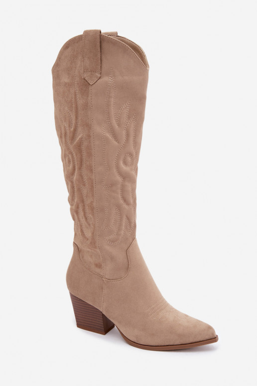 dames cowboy-stijl kniehoogte laarzen met hakken in zandkleur Glenor