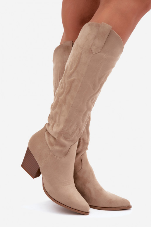 bottes hautes pour femmes de style cowboy avec talons en couleur sable Glenor