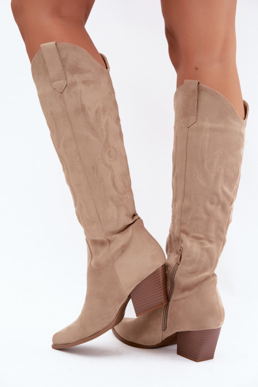 bottes hautes pour femmes de style cowboy avec talons en couleur sable Glenor