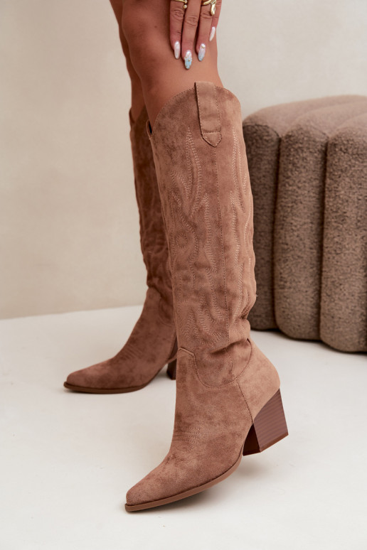 bottes hautes pour femmes de style cowboy avec talons en marron Glenor