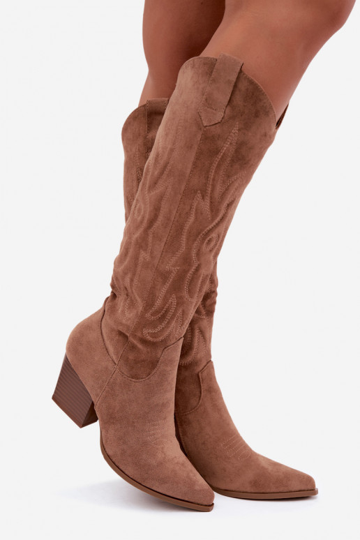 bottes hautes pour femmes de style cowboy avec talons en marron Glenor