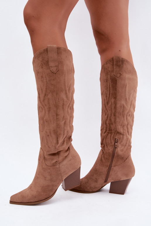 bottes hautes pour femmes de style cowboy avec talons en marron Glenor